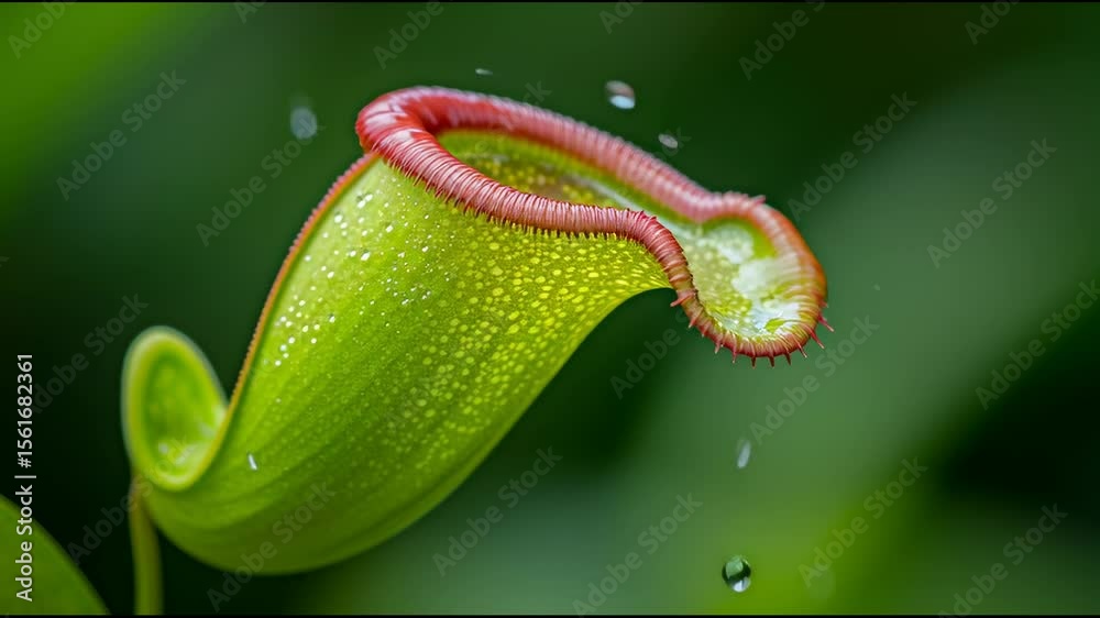 A close-up of a green pitcher plant with a red rim and a droplet of water hanging from its edge.