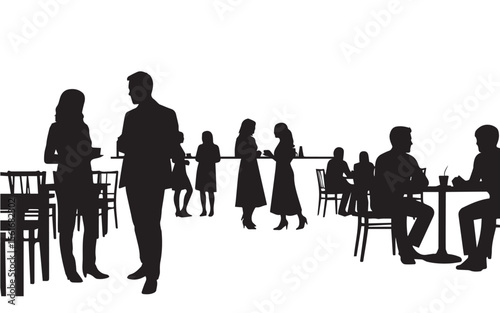 Silhouettes of people in cafe on white background