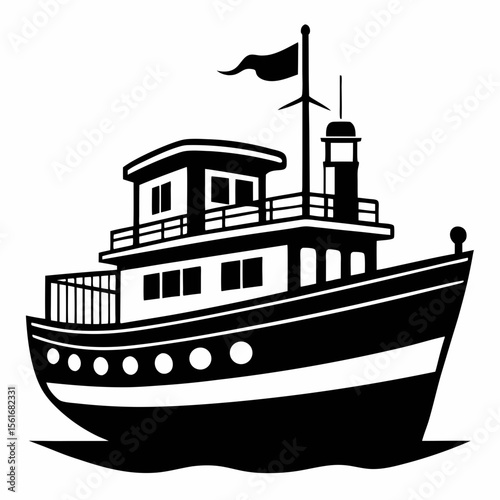 Black and White Illustration of a Fishing Boat on the Water