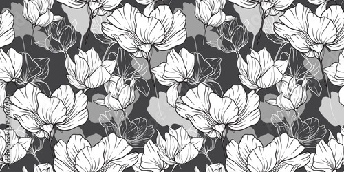 Black lined florals bloom across layered grey tones, balancing fine detail and soft gradients to create a flowing organic rhythm with bold elegance and visual depth