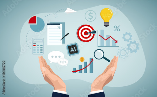 Skill, work experience or ability development, expertise success, leadership or communication to success, learning skills, wisdom concept, businessman hand hold multiple skills set to achieve success.