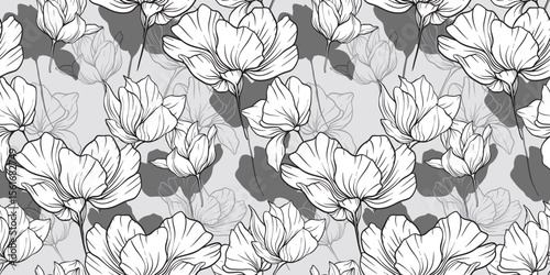 Black lined florals bloom across layered grey tones, balancing fine detail and soft gradients to create a flowing organic rhythm with bold elegance and visual depth