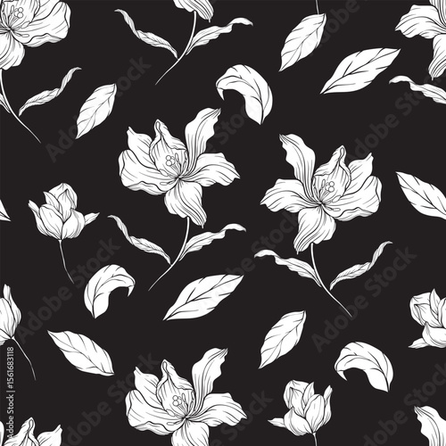 Elegant white flowers and leaves swirl across a deep black canvas fine details and layered curves create striking contrast and a soothing sense of organic movement