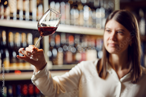 Profesional female bartender rates red wine, looks at its color, evaluates the density and tartness of an alcoholic drink, stands in cellar on shelf with different wines background.
