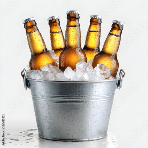 Five cold beer bottles in a metal bucket filled with ice isolated on white background
