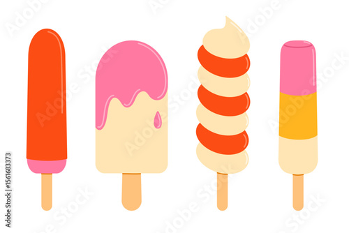 Ice cream on stick set. Frozen juice on wooden stick, fruity popsicle. Flat vector isolated illustration	