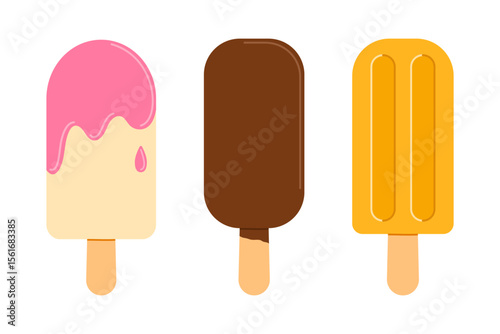 Set of ice cream on stick. Frozen juice on wooden stick, fruity popsicle and chocolate ice cream. Summer dessert. Flat vector isolated illustration