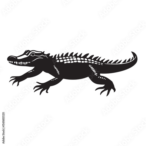 Alligator Silhouette, Black and white vector silhouette of a alligator on white background, Black Silhouette Of An Alligator, 