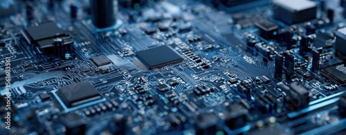 The intricate details of a modern blue electronic circuit board