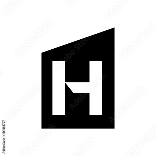 A bold, solid black geometric logo resembling a stylized building or trapezoid, with a prominent white negative space "H" within