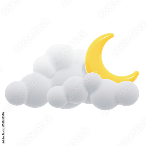 This glossy 3D-style vector icon features a soft white cloud partially covering a shiny yellow crescent moon. Designed in a smooth cartoon style. Ideal for illustrating nighttime conditions. Isolated.