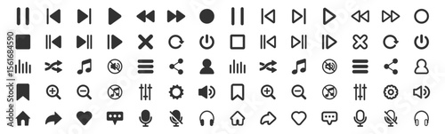 Music and sound icon set, media player icons collection, video player and cinema icons, multimedia interface template, online broadcasting and live stream mockup on transparent background
