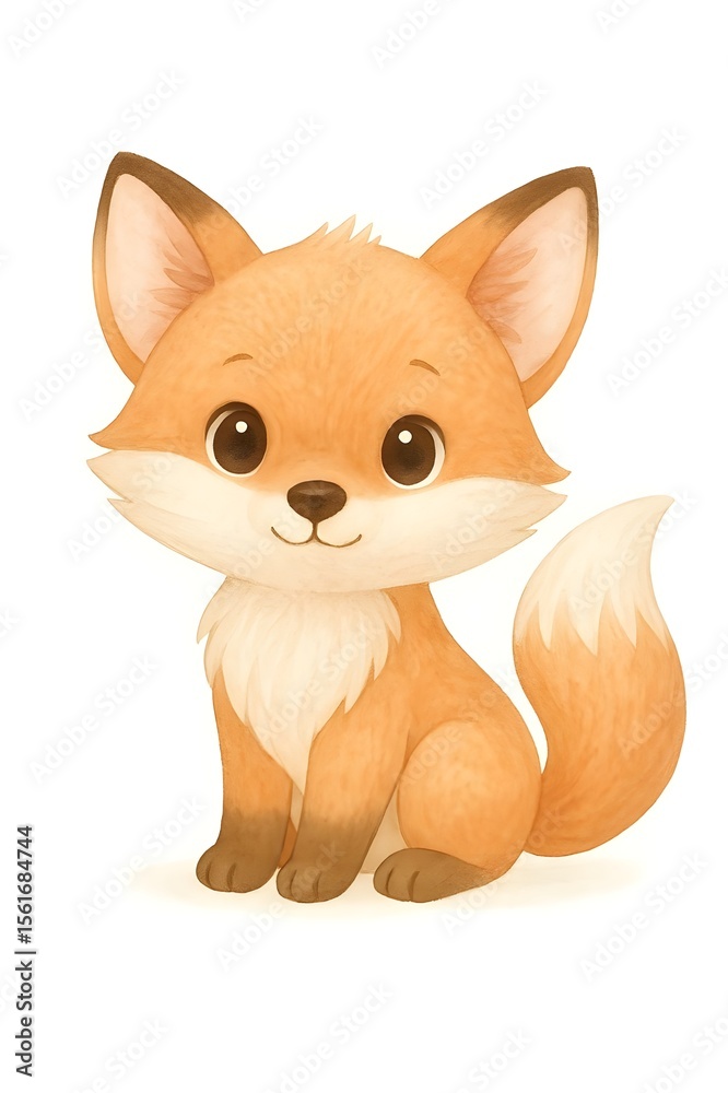 Fototapeta premium Cute Cartoon Baby Fox with Fluffy Tail – Kawaii Woodland Animal Illustration Isolated on White Background