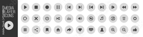 Music and sound icon set, media player icons collection, video player and cinema icons, multimedia interface template, online broadcasting and live stream mockup on transparent background