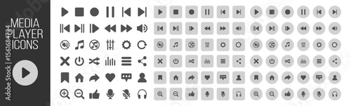 Music and sound icon set, media player icons collection, video player and cinema icons, multimedia interface template, online broadcasting and live stream mockup on transparent background