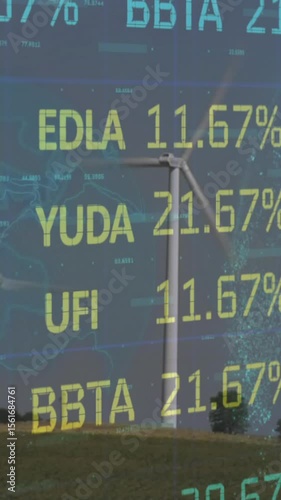 Video depicts stock data on a globe with turbines, highlighting climate change and sustainability.