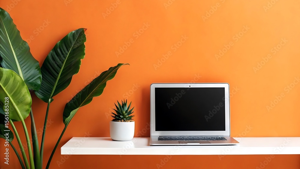 Fototapeta premium Modern Minimalist Home Office Workspace: Laptop, Succulent, Tropical Plant, Orange Wall