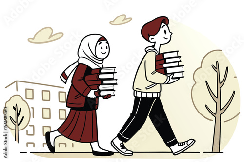 Muslim boy and girl with hijab walking together carrying books