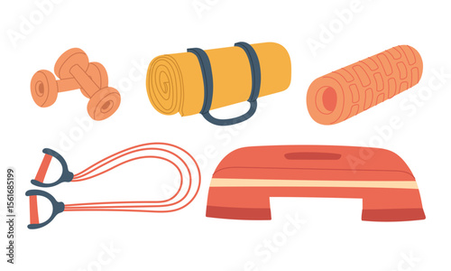 Sports equipment for training. Yoga mat, exercise band, stopper, ball, massage roll. Exercise equipment in color. Flat color illustration. For posters, sports, blogs, fitness, and a healthy lifestyle