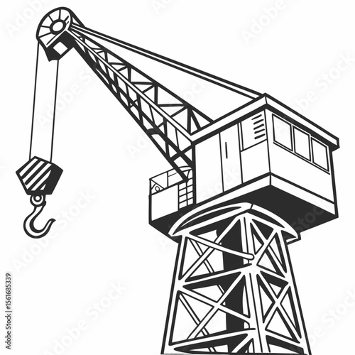 Monochrome Illustration of a Tower Crane with Hook and Lattice Boom