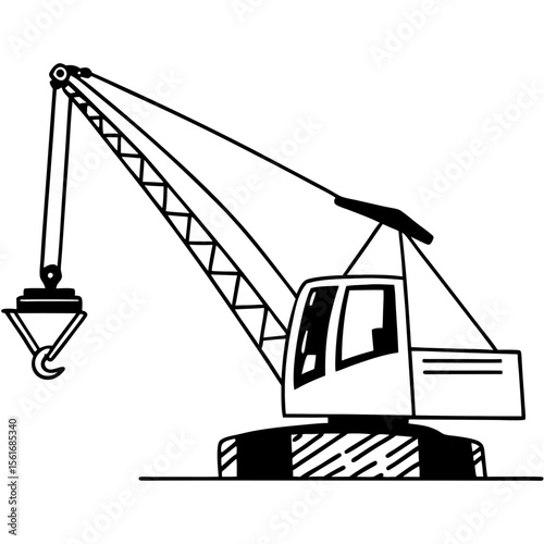 Black and White Illustration of a Construction Crane Ready to Lift