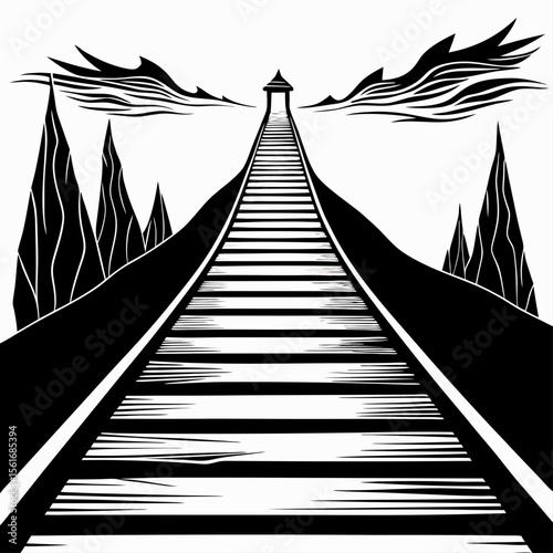 Monochrome Pathway to a Distant Structure with Trees and Stylized Clouds