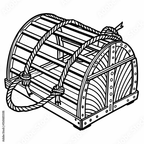 Line Art Illustration of a Wooden Treasure Chest with Rope Handle