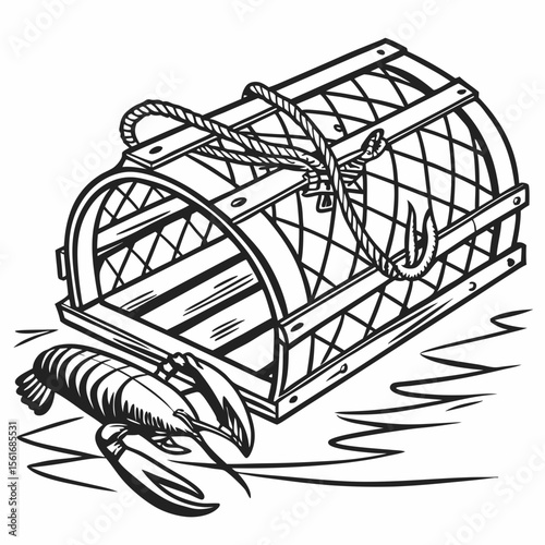 Lobster and Trap Illustration in Black and White Outline Style