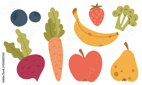 set of fruits, vegetables, and berries for healthy diet. Apple, pear, blueberry, strawberry, banana, carrot, and beetroot. Flat color illustration. for menus, packaging, posters, and dietary nutrition