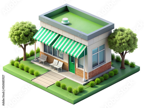 Miniature isometric shop with green striped awning, surrounded by grass and trees, representing small business and local commerce