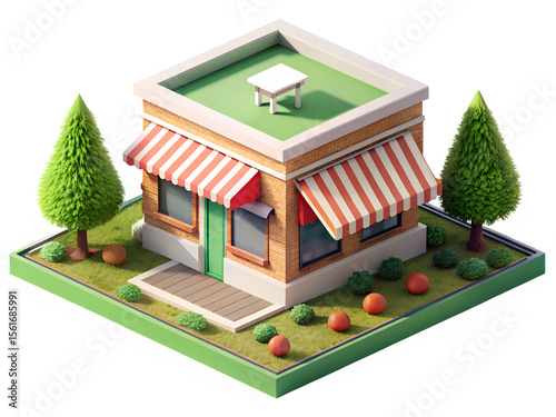 Small isometric building with trees and bushes, striped awning and table on the roof, representing a small business