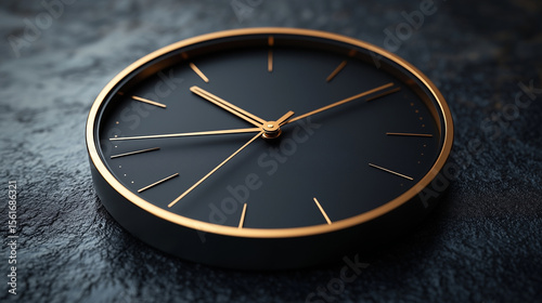 Wallpaper Mural Sleek Black and Gold Clock: A close-up shot of an elegant, round clock with a black face and gold accents, sitting on a dark surface. Torontodigital.ca