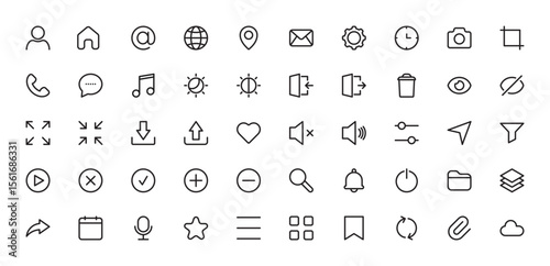 User interface icon set. Apps, business, user, mail, home, location, message, time, note, camera, document, tab, phone, eye, address, website, etc. Editable stroke. Vector illustration. Flat design. 