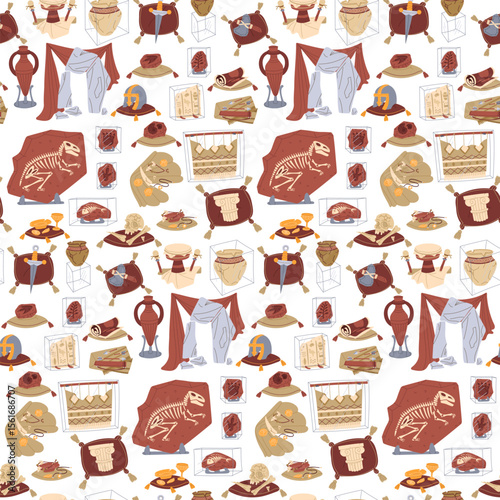 Pattern of archaeological objects, museum exhibits. Seamless texture of historical finds for exhibitions in bright colors. Suitable for educational projects, books, presentations, historical-themed