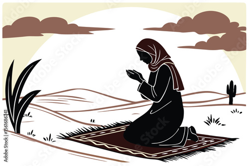Muslim woman in hijab praying peacefully at sunset with vibrant colors