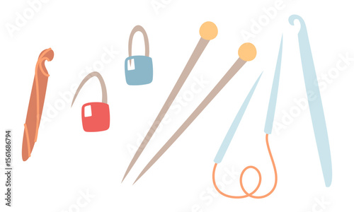 set of knitting items. Pins, straight and looped knitting needles, and hooks. flat color illustration. Suitable for infographics, templates, DIY blogs, packaging design, online stores, and workshops