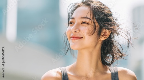 Free Download Woman smiling outdoors in bright sunlight with windblown hair and city background. - GFXLoad