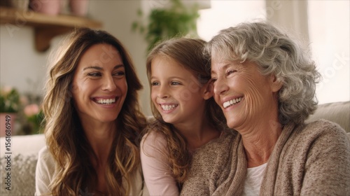 Happy three generation family portrait featuring smiling grandmother mother and daughter indoors.