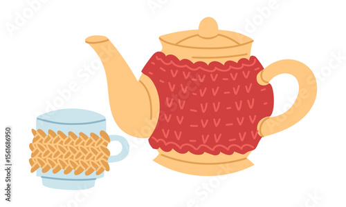 Knitted heating pad, cover for ceramic teapot and mug. Cozy atmosphere, warming. Handmade. Flat color isolated illustration. postcards, packaging design, social media posts, care and comfort themes