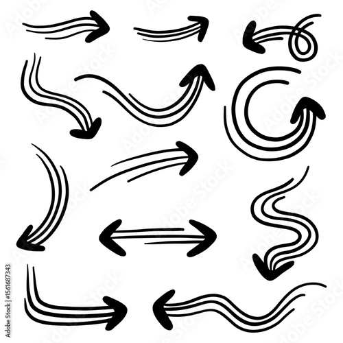 set of organic hand-drawn arrows. collection of hand-drawn vector triple arrows. sketch of arrow design for a business plan and education. Isolated hand-drawn vector arrows on a white background