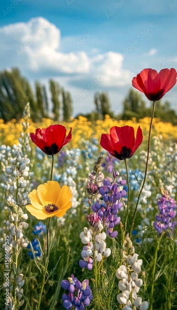 Fototapeta premium Vibrant Wildflower Meadow Under Sunny Sky Showcasing Nature s Elegance with Colorful Blooms
