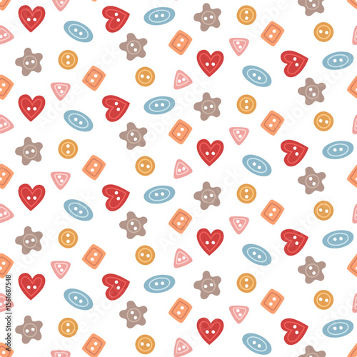 Seamless pattern with multicolored buttons. Various colors and shapes. Flat color illustration. Suitable for textiles, packaging, scrapbooking, websites, and projects related to handicrafts and design