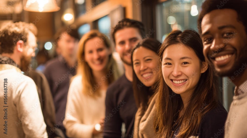 Obraz premium Diverse group of friends smiling and enjoying each other's company indoors.