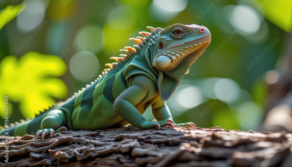 Fototapeta premium Lizard perched on a log with a blurred green background.