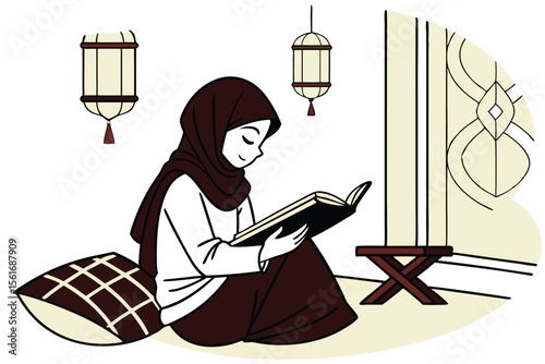 Young muslim girl in hijab reading the holy quran with cultural elements