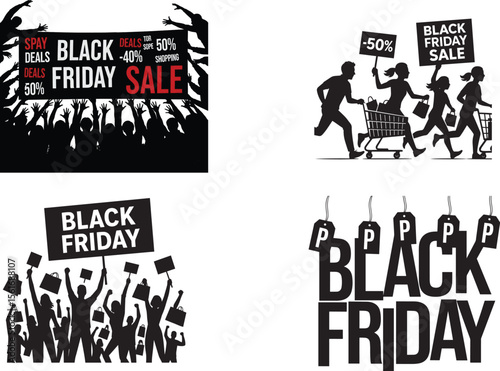 Black Friday Sale Silhouette Illustration Featuring Shoppers and Promotions