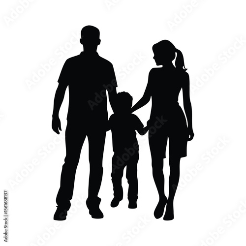 Elegant family silhouette of a man, woman, and child walking together. Ideal for family-themed projects, parenting content, or educational resources. High-quality vector graphic