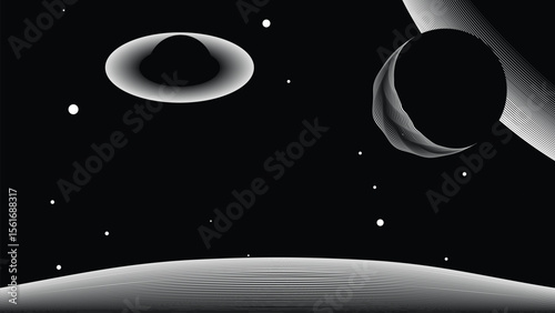 Stars and exoplanet in outer space. Futuristic landscape, with lines . Night landscape with starry sky .Vector illustration