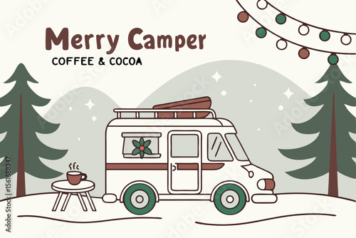 A festive Christmas illustration features Santa Claus on his sledge, dashing through a snowy winter landscape past a charming village with decorated trees and houses, while a vintage car and truck are