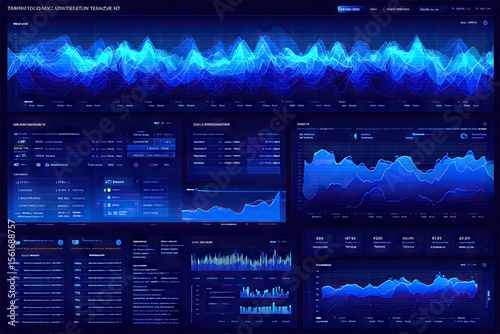 Data visualization dashboard with multiple charts and graphs.  Dark blue color scheme.  Complex financial data display